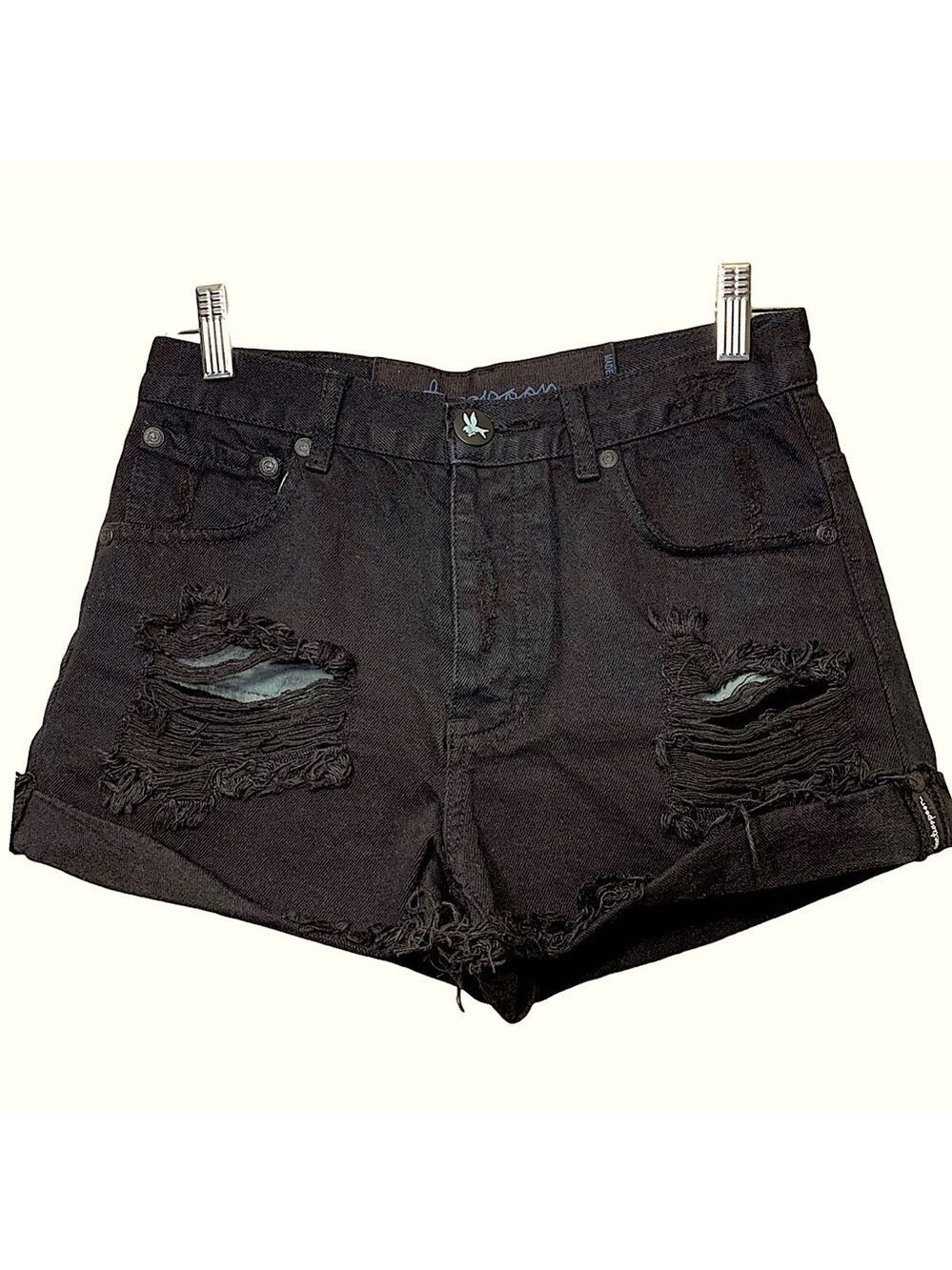 One Teaspoon Black Cut out Distressed Jean Short Sz 25 Button Fly Roll Hem Denim